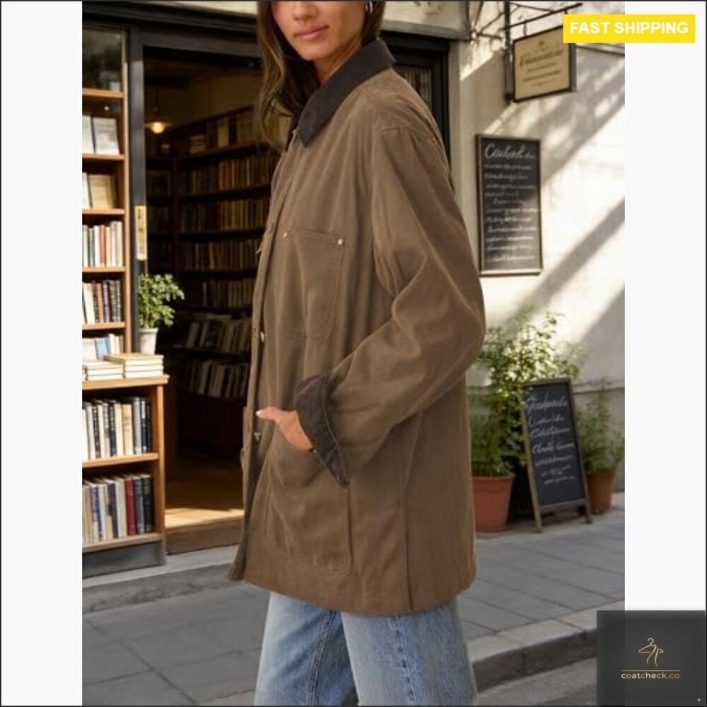 Oversized Utility Barn Jacket with Corduroy Collar and Pockets - Picture 2 of 7